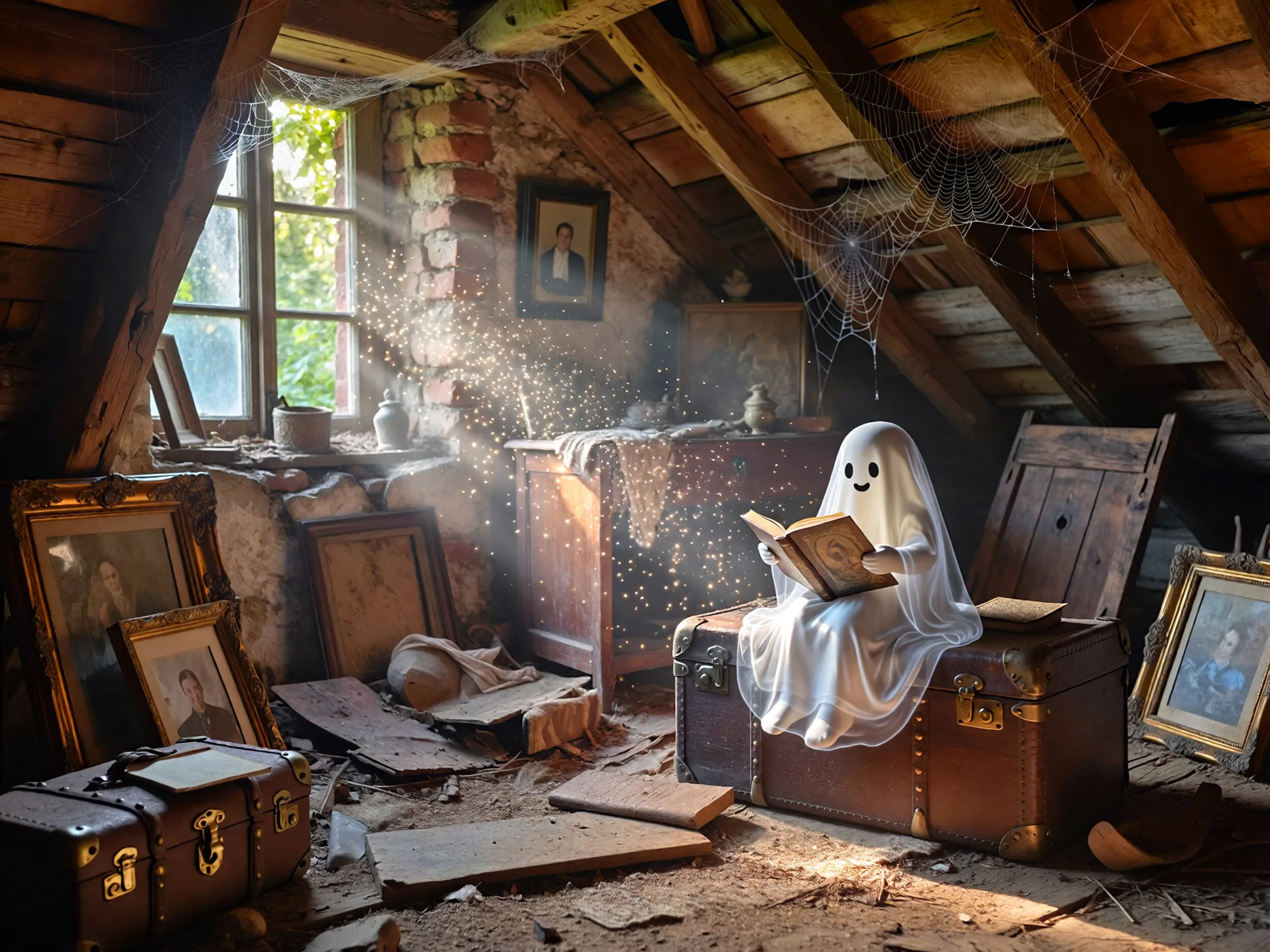 Cartoon Ghost Reading in Dusty Attic Setting