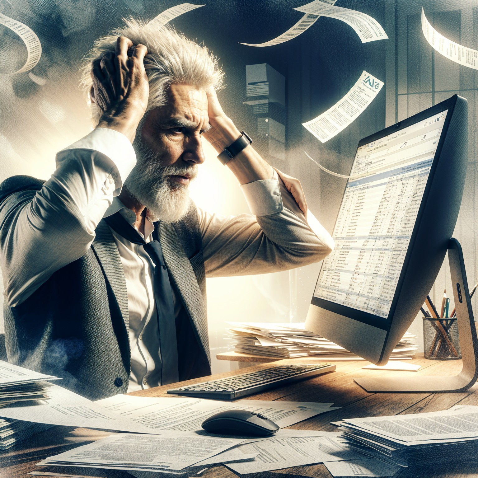 Stressed Man Overwhelmed by Cluttered Desk Chaos