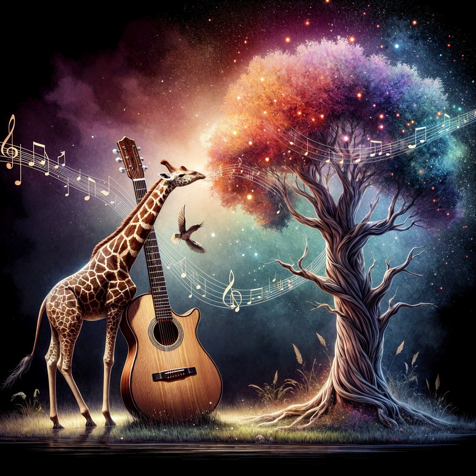 Whimsical Giraffe and Guitar Under Starry Tree