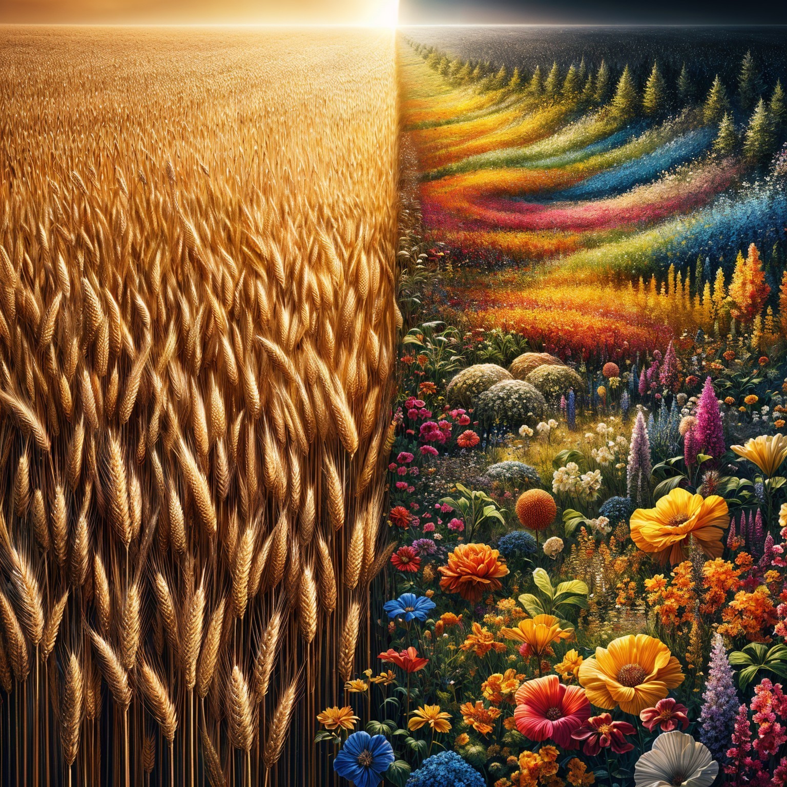 Contrasting Landscapes of Wheat Fields and Colorful Garden