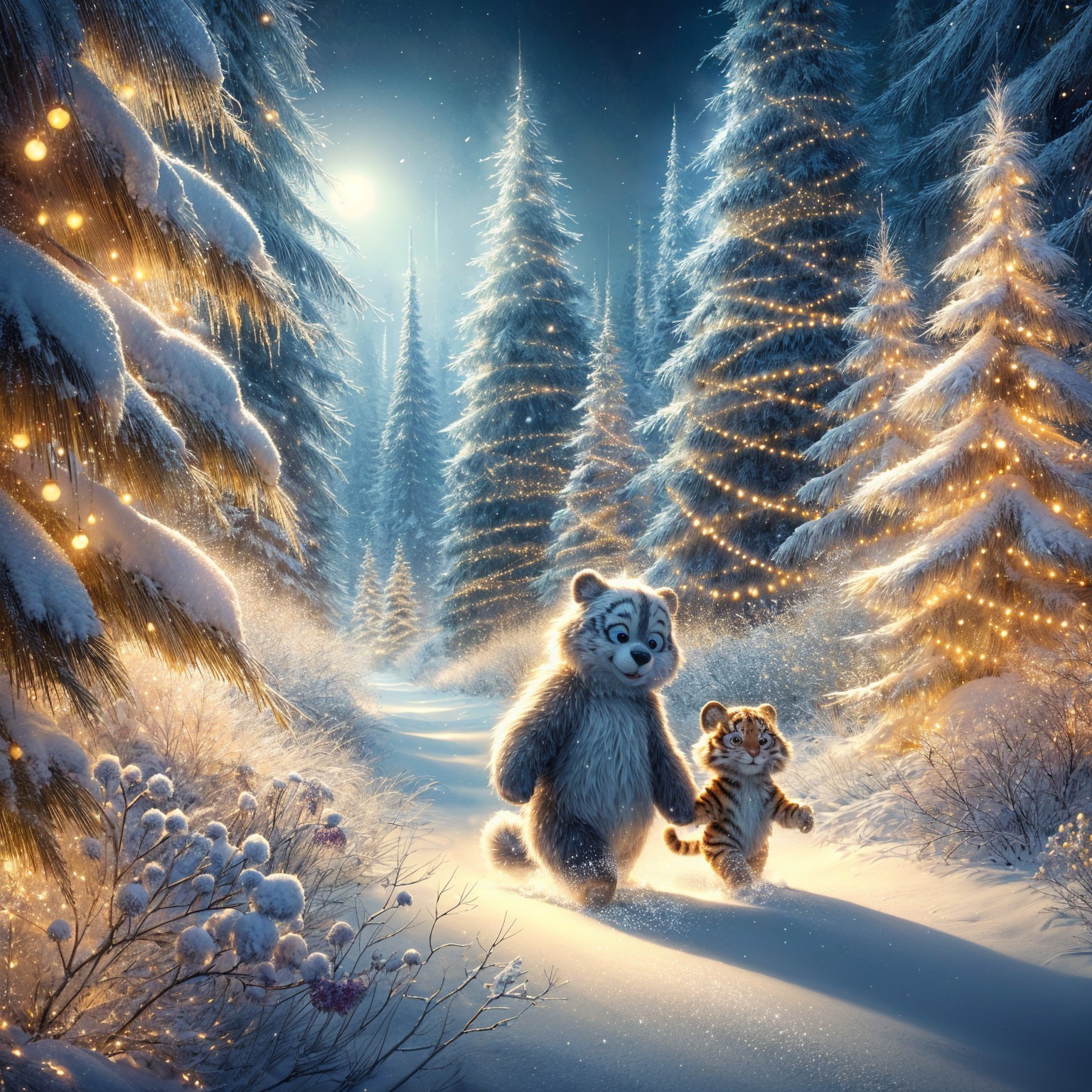 Polar Bear and Tiger Cub in Winter Wonderland Scene