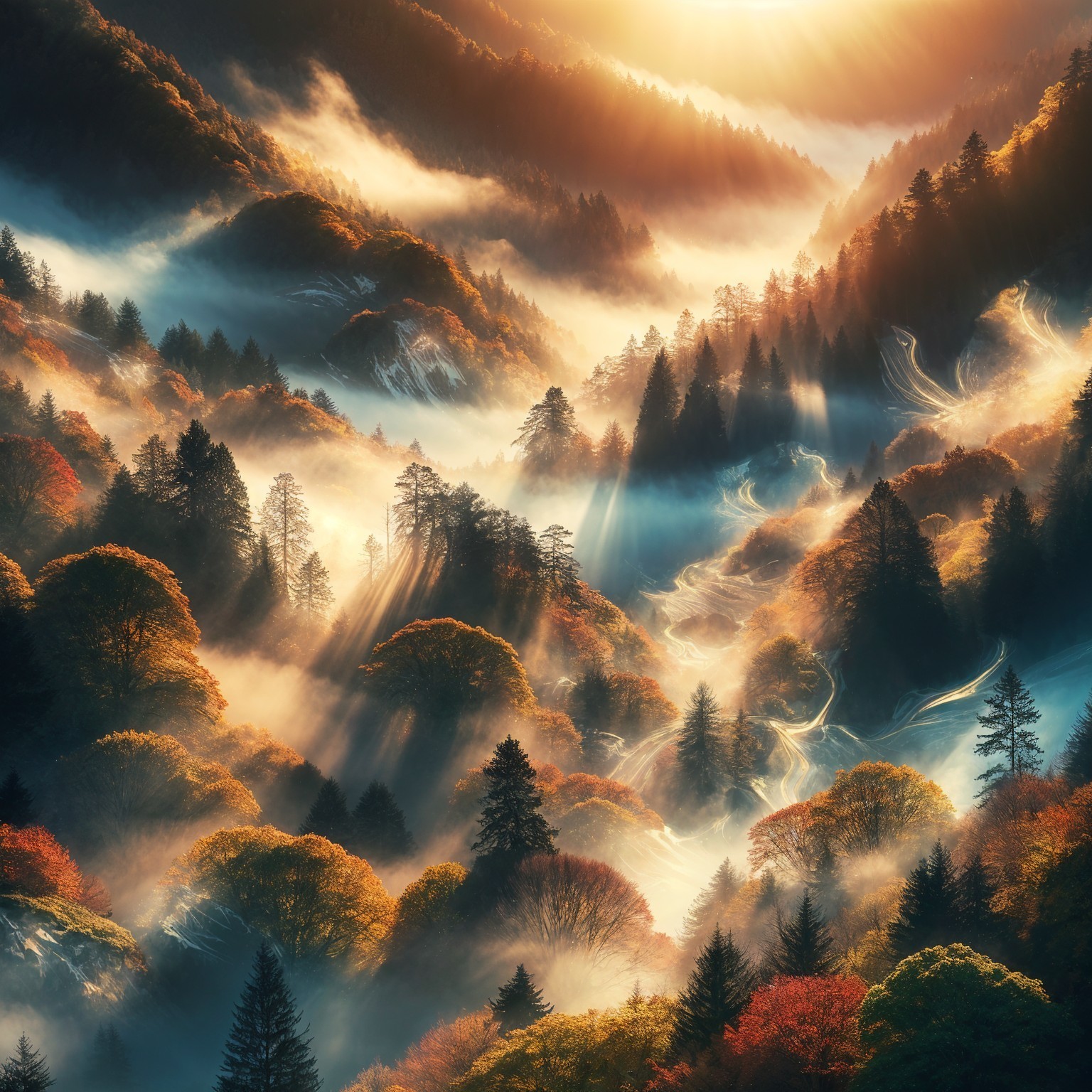 Golden Sunlit Landscape with Misty Valley and Foliage