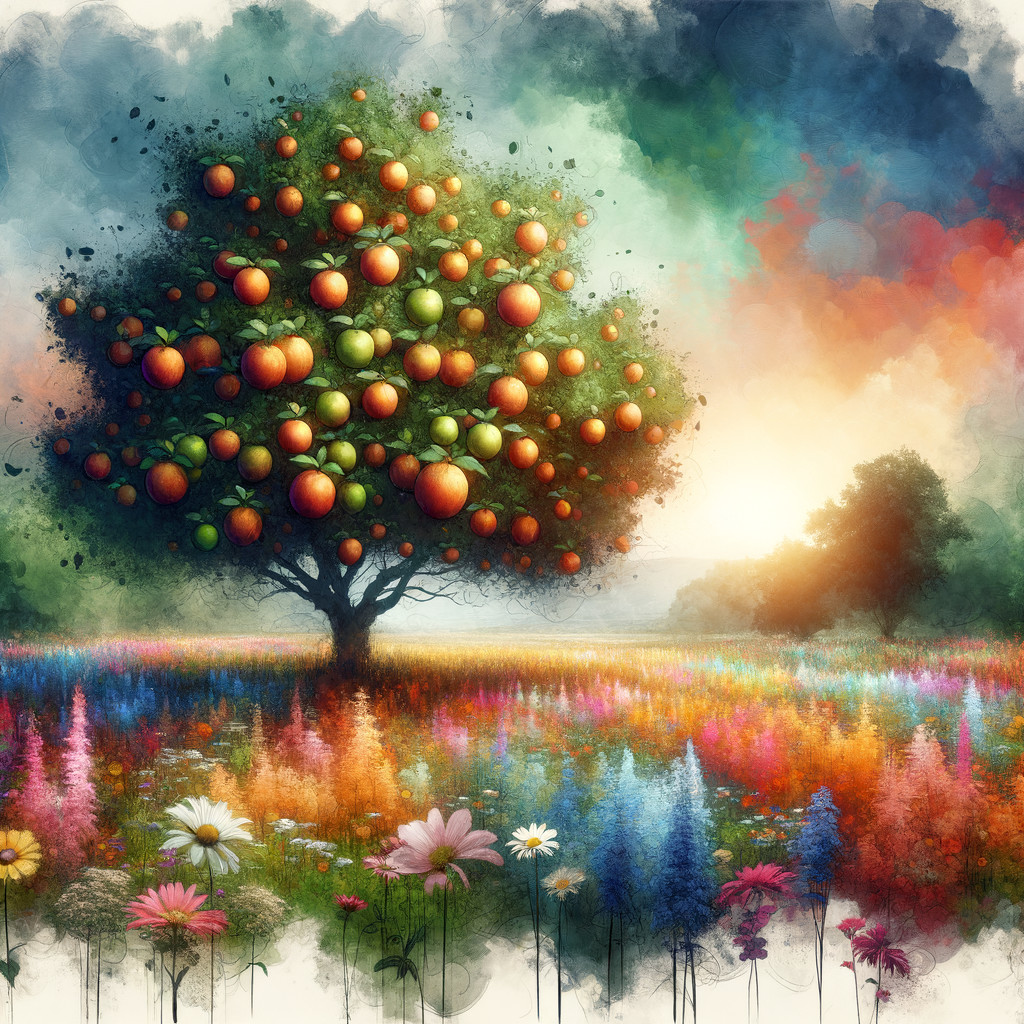 Vibrant Landscape with Apple Tree and Wildflowers