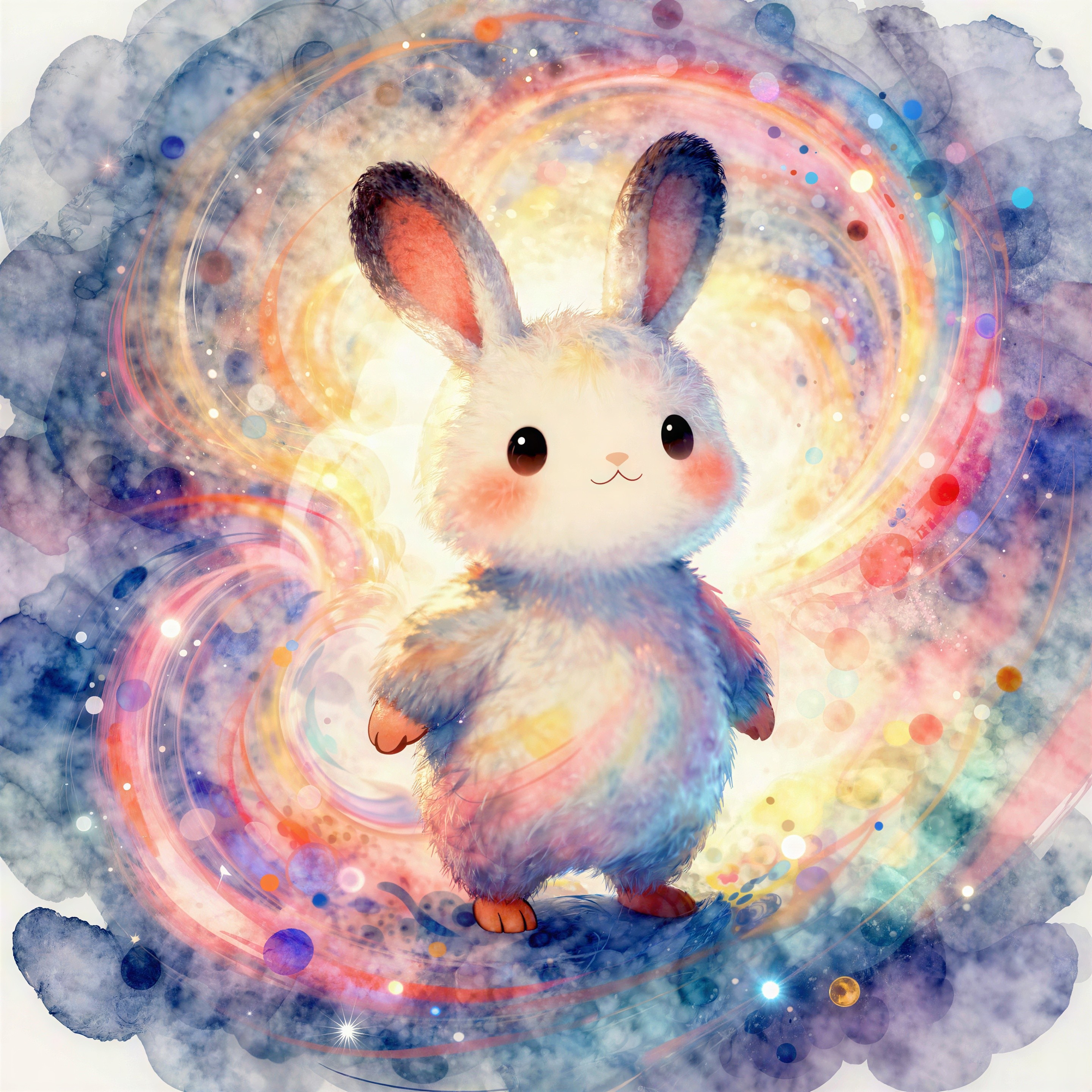 Fluffy White Bunny on Colorful Spiral Background