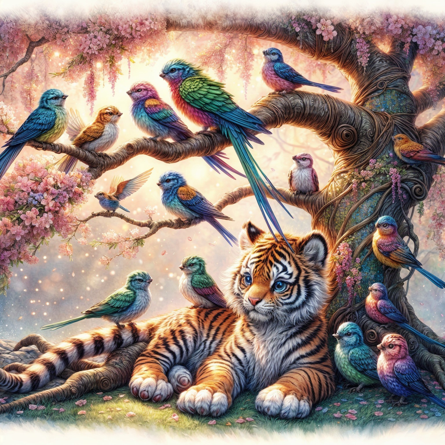 Playful Tiger Cub Under Blossoming Tree with Birds