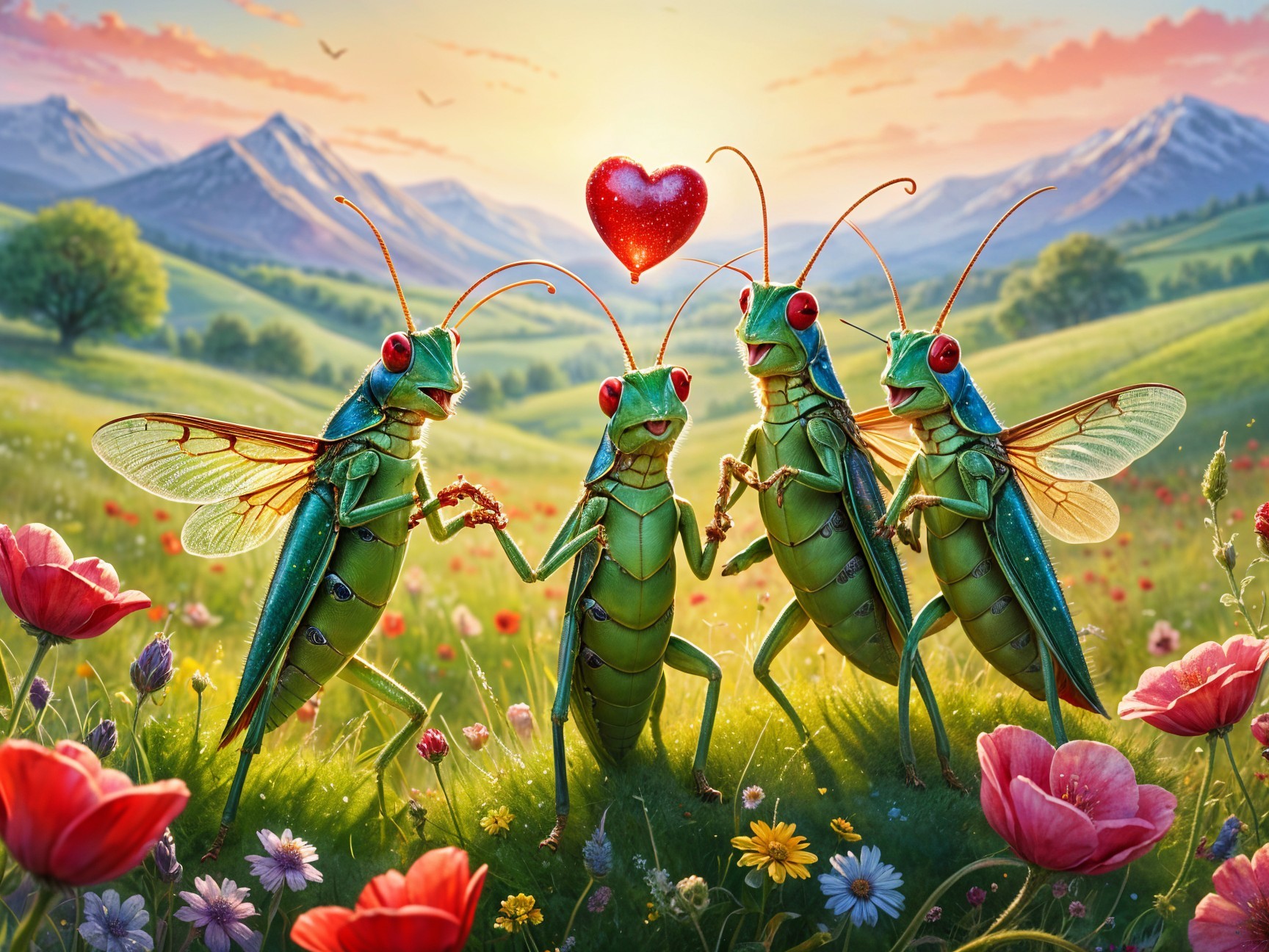 Grasshoppers Celebrate Love in Colorful Meadow Scene