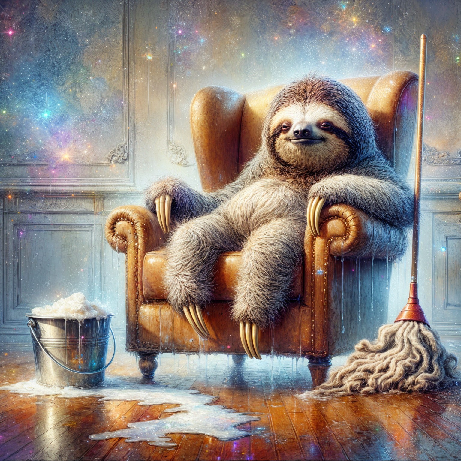 Whimsical Sloth Relaxing in Vintage Armchair Scene