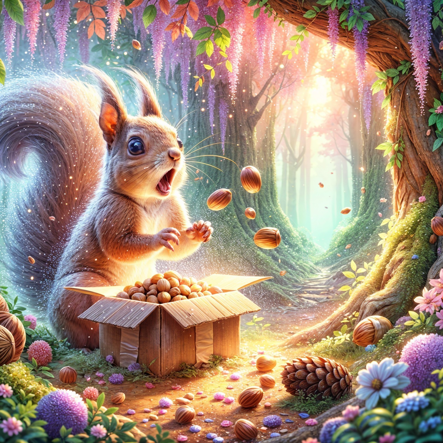 Cheerful Squirrel in Enchanted Forest with Nuts