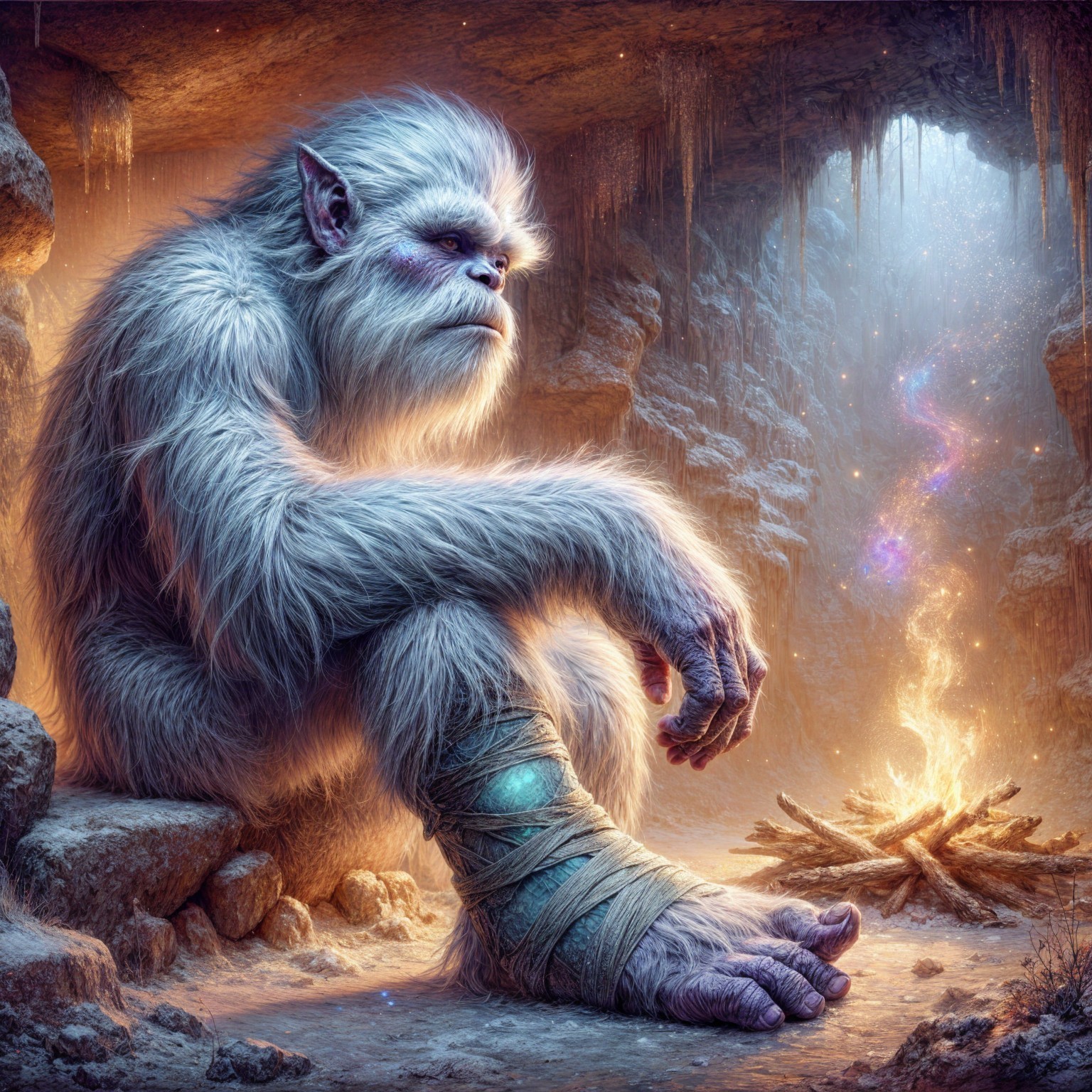 Yeti in a Mystical Cave by a Campfire Glow