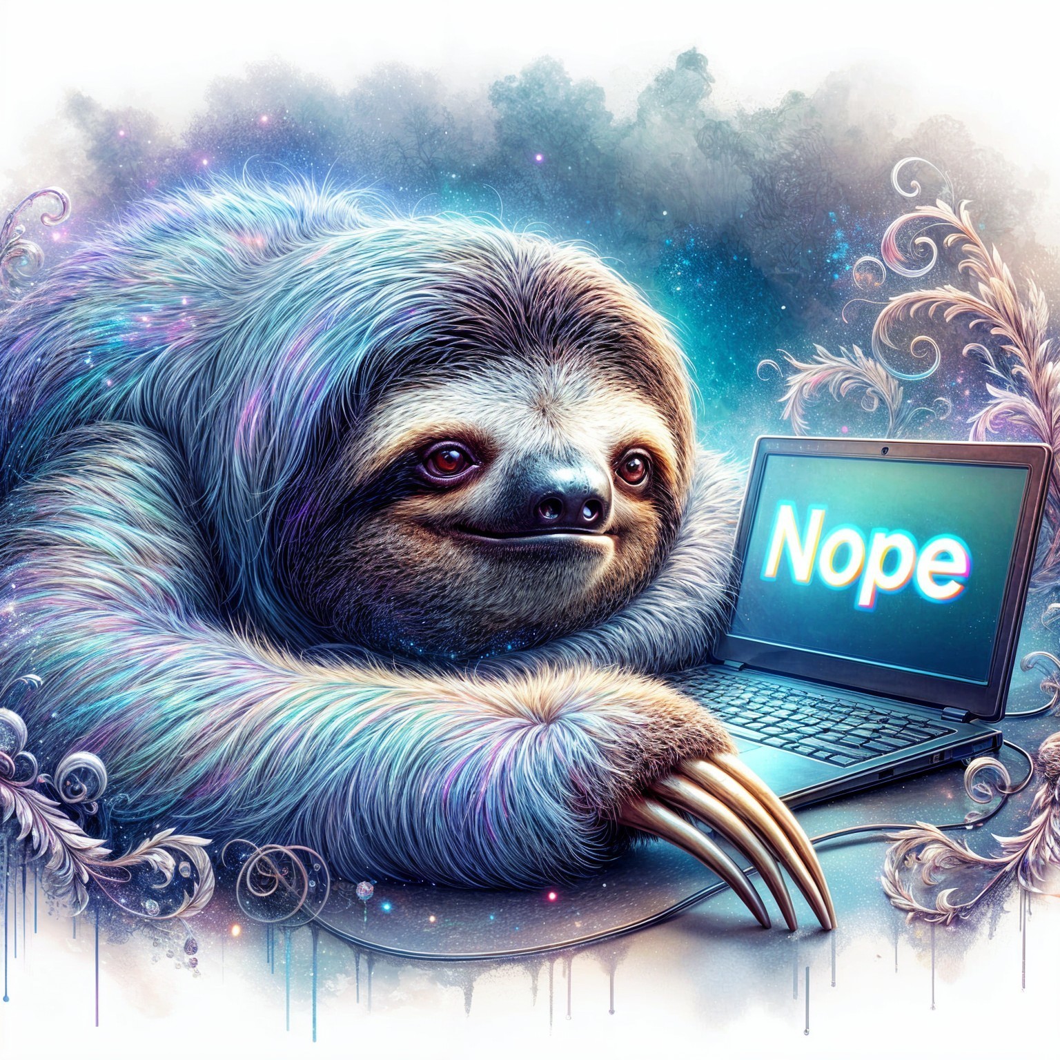 Whimsical sloth with cosmic fur at a laptop