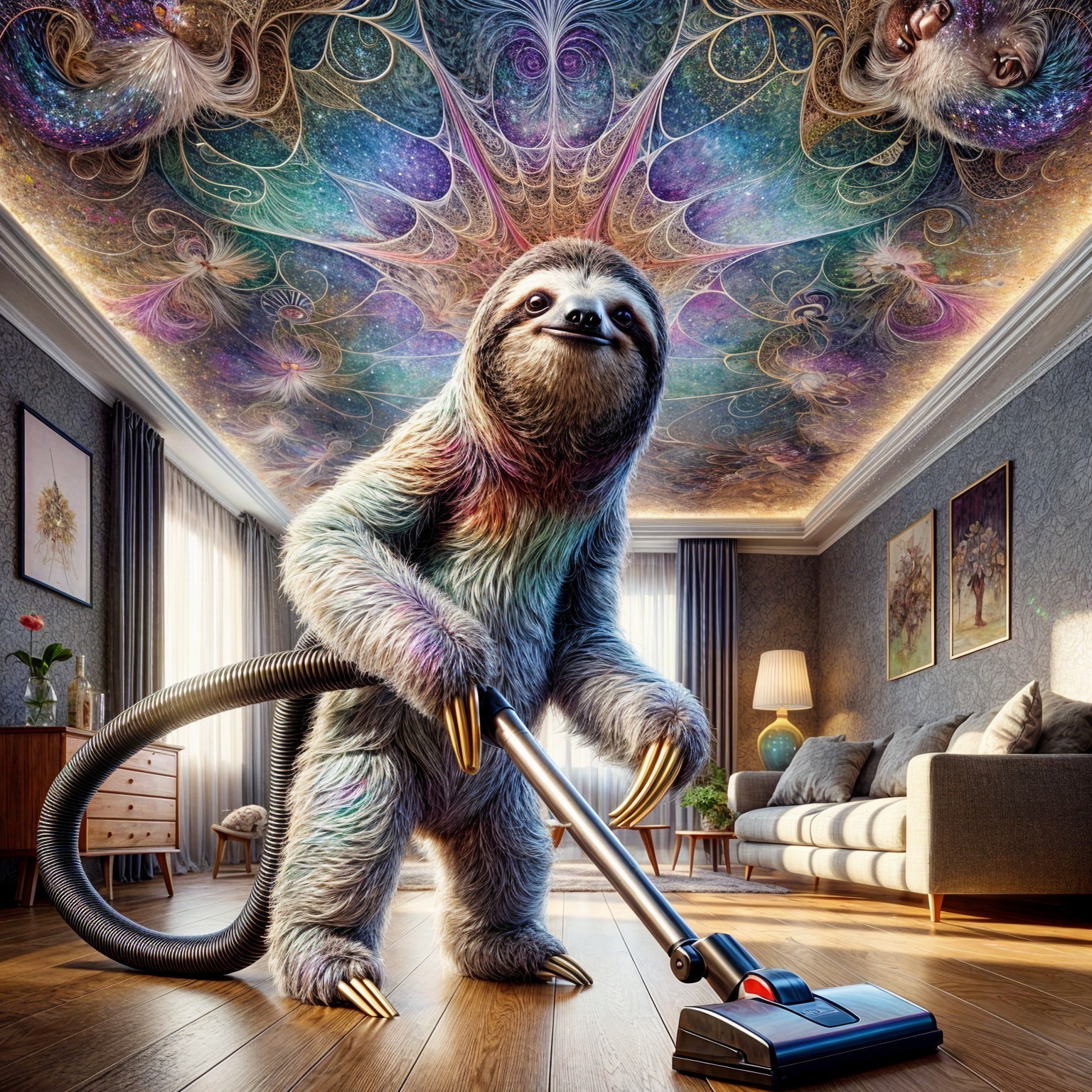 Colorful Sloth Vacuuming in Cozy Living Room Scene