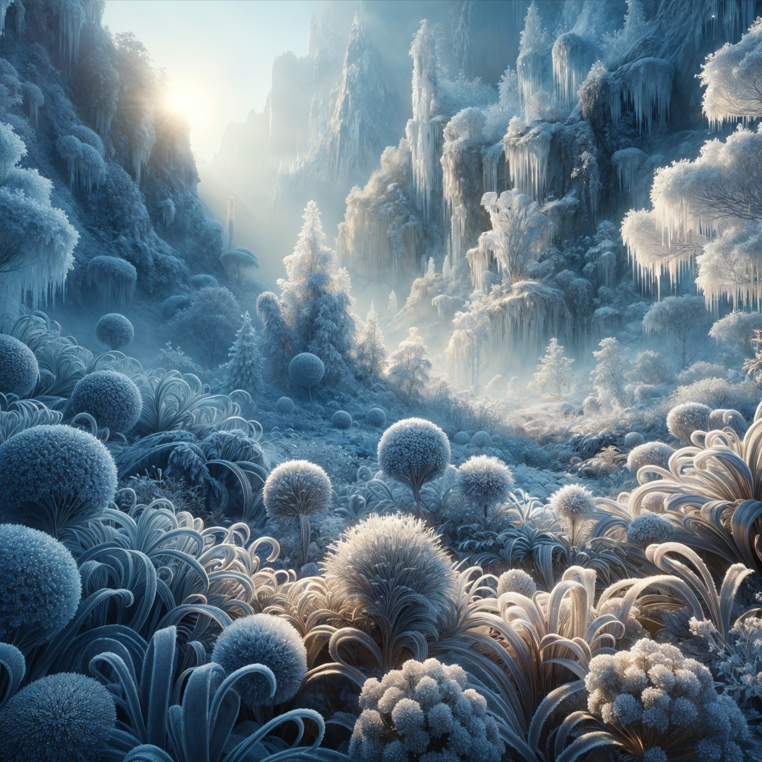 Serene Icy Landscape with Frost-Covered Mountains