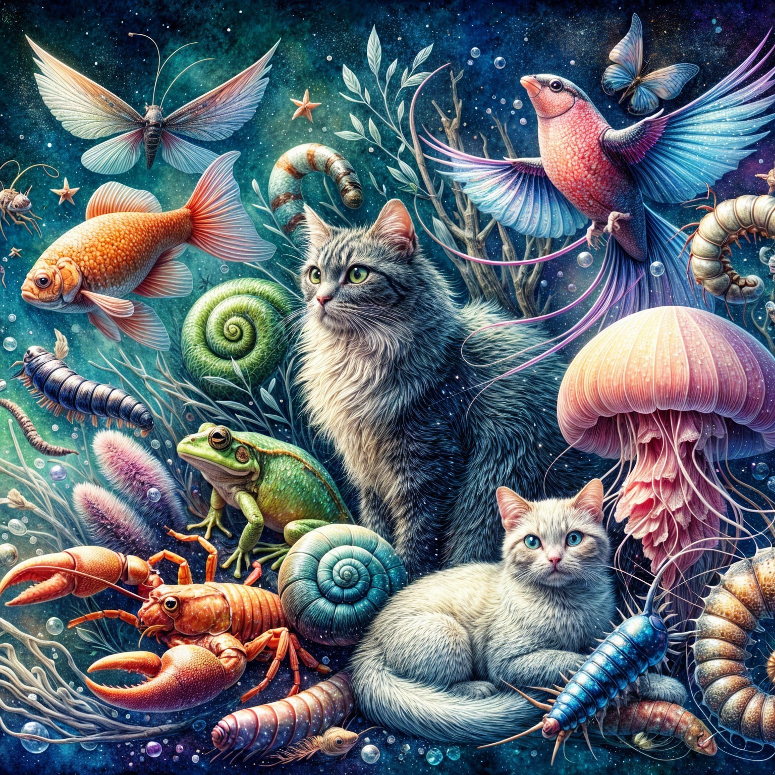 Underwater Scene with Cats and Colorful Marine Life