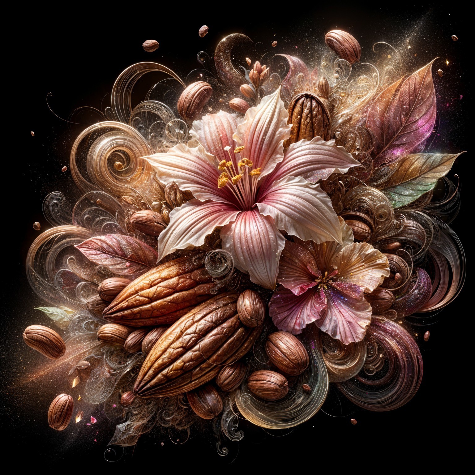 Vibrant Floral and Cocoa Pod Arrangement with Leaves