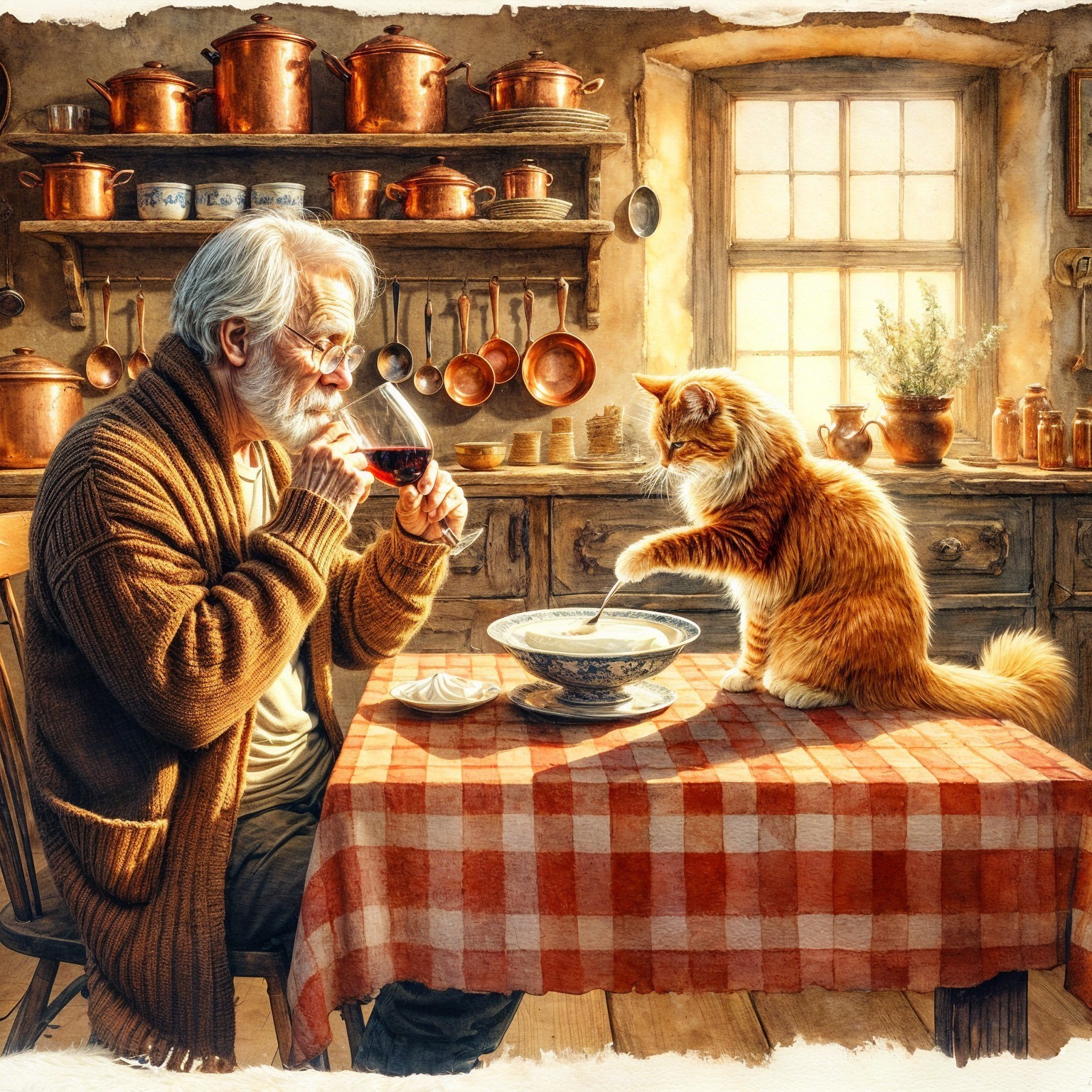 Cozy Kitchen Scene with Elderly Man and Cat