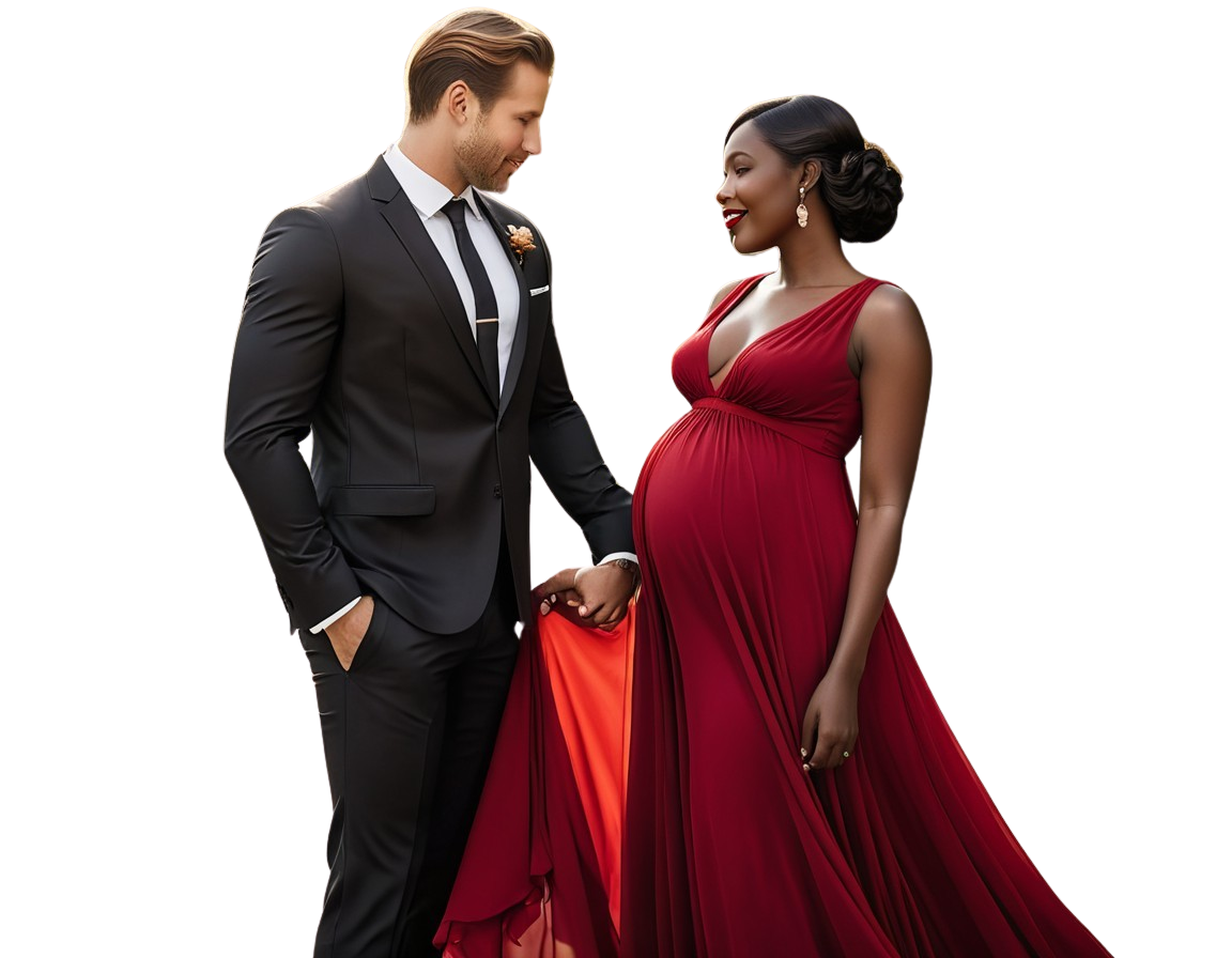 Joyful Couple in Elegant Attire Celebrating Pregnancy