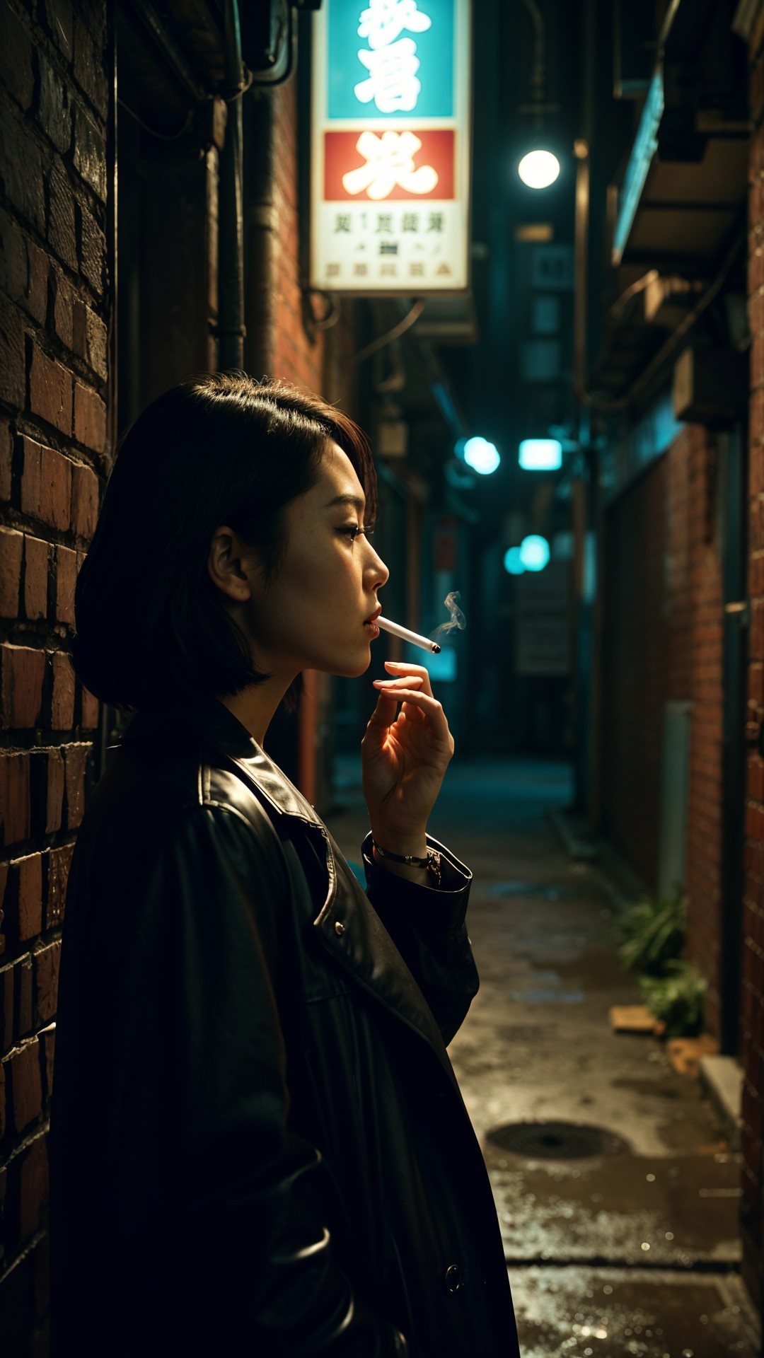 Young woman in a neon-lit alley at night