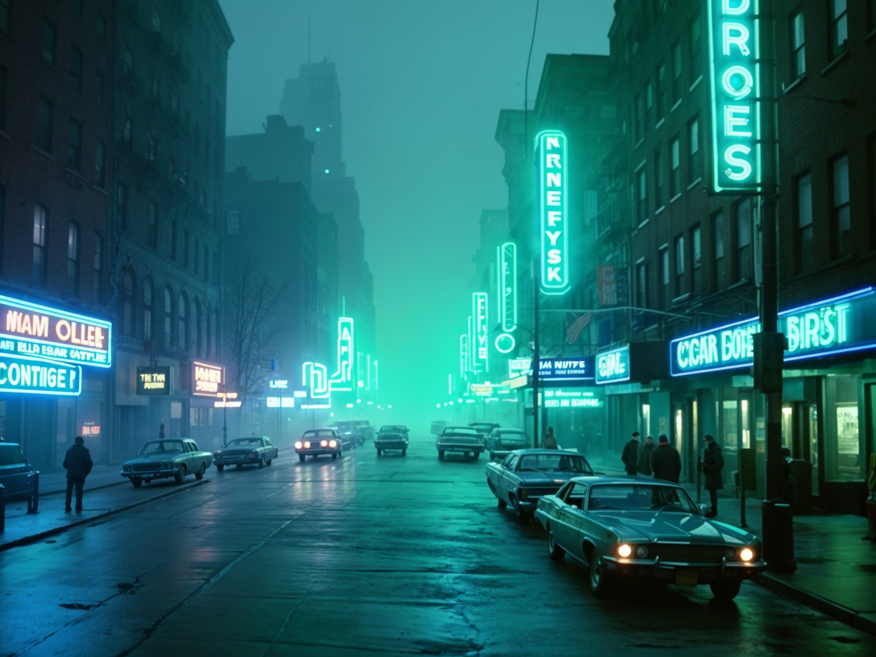 Foggy Urban Night with Vintage Cars and Neon Lights