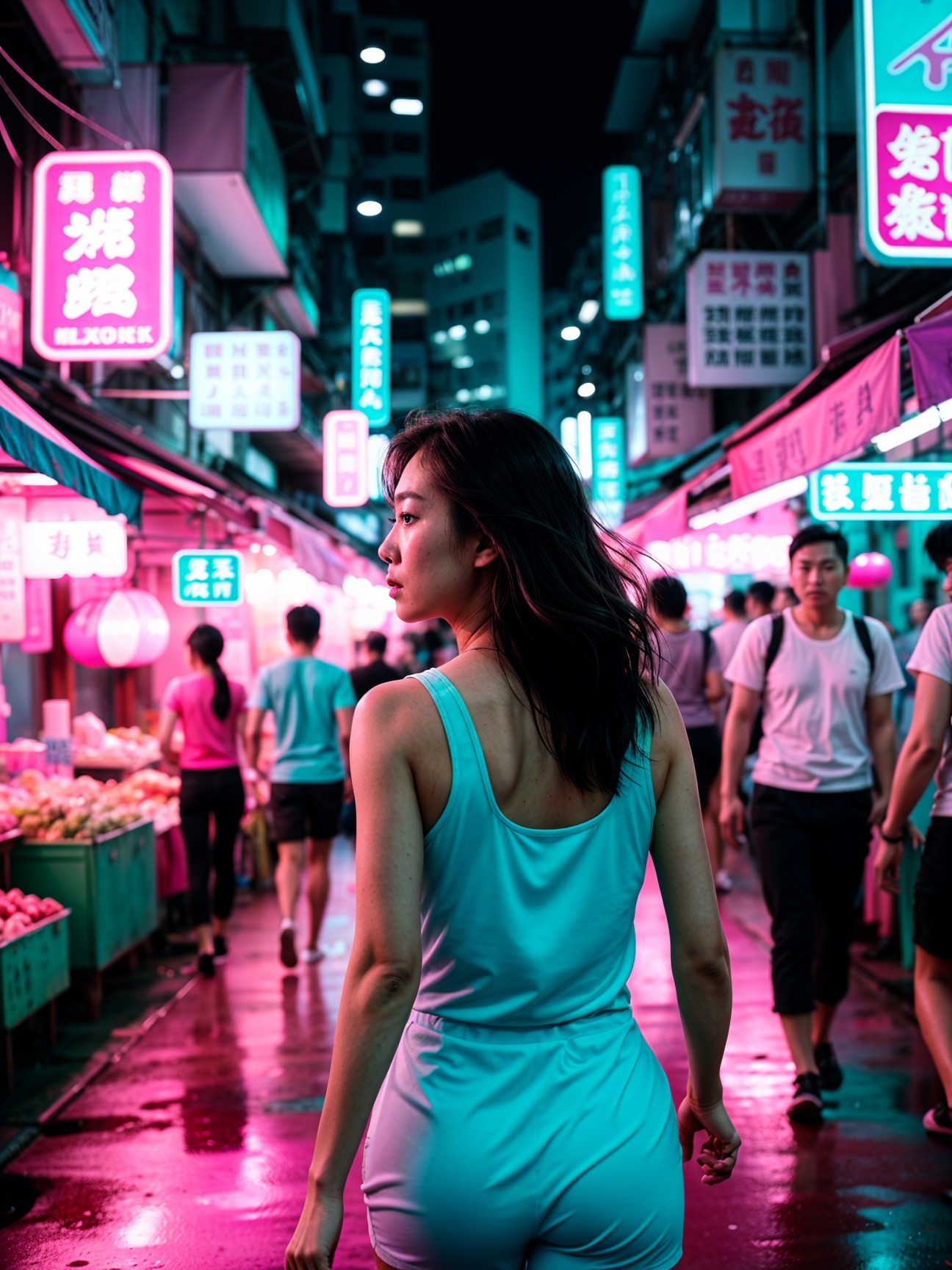 Young woman in vibrant street market with neon signs