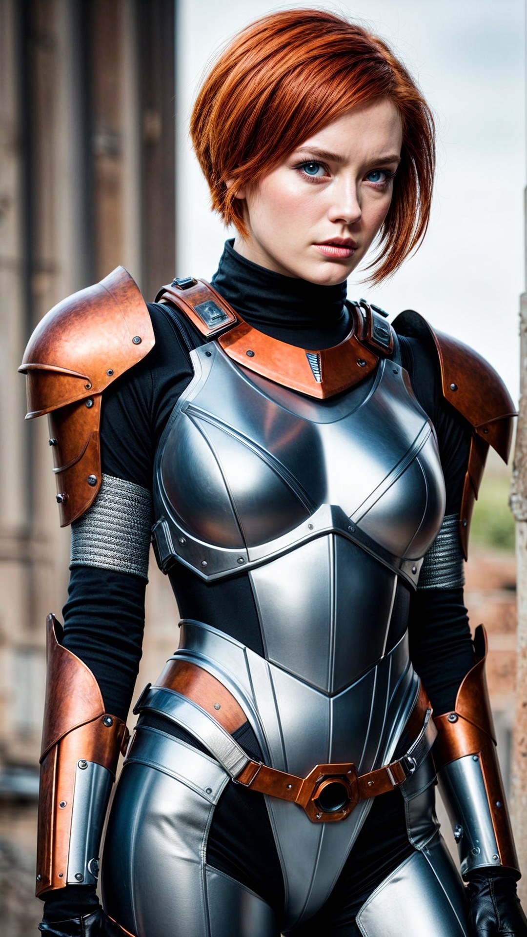 Fierce warrior in metallic armor with industrial backdrop