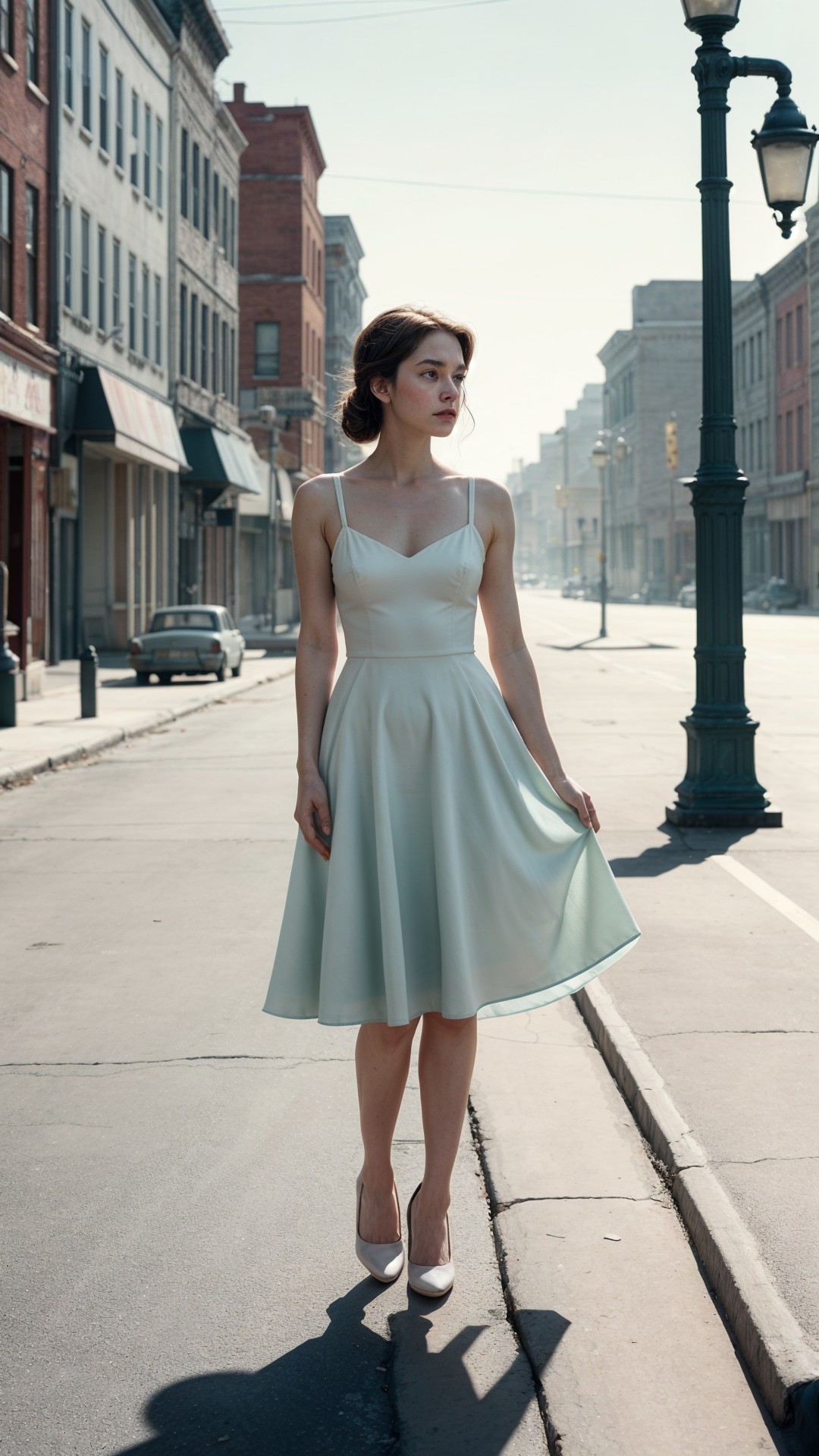 Young Woman in Vintage Street with Soft Glow