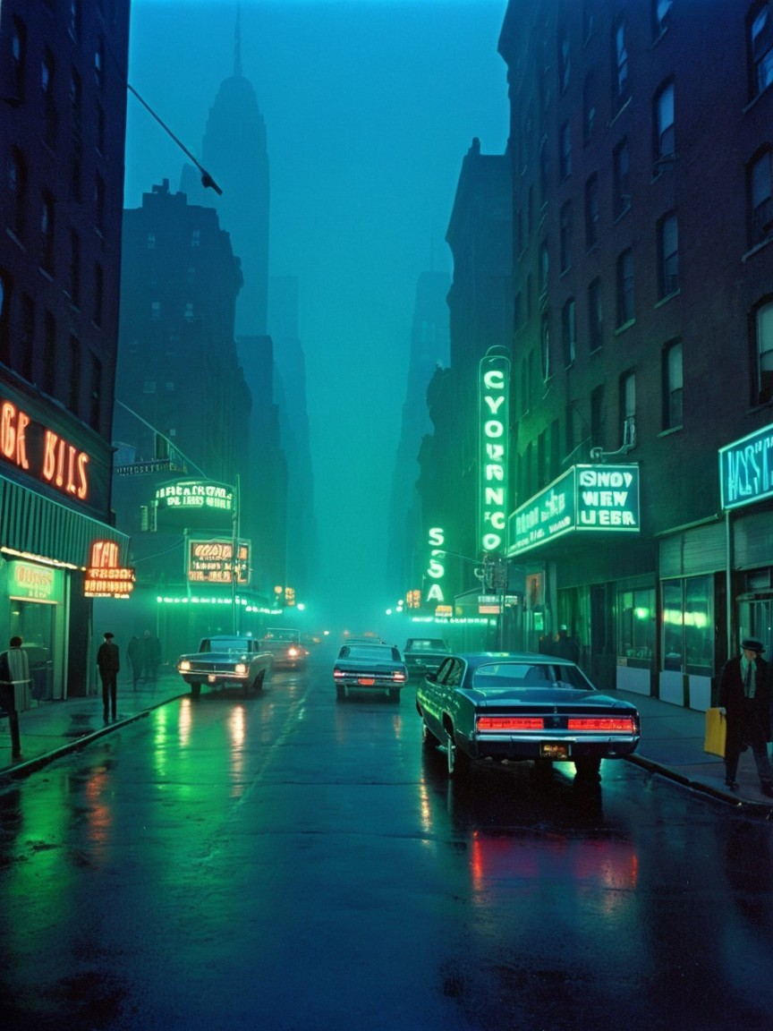 Misty Urban Night Scene with Neon Lights and Classic Cars