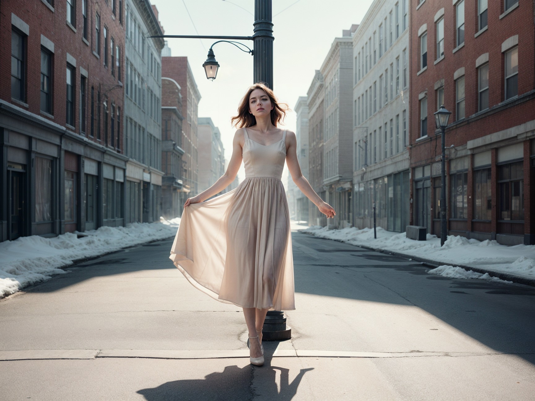Stylish Woman in Beige Dress on Winter Urban Street