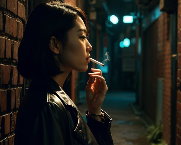 Young woman in a neon-lit alley at night