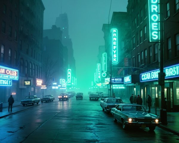 Foggy Urban Night with Vintage Cars and Neon Lights