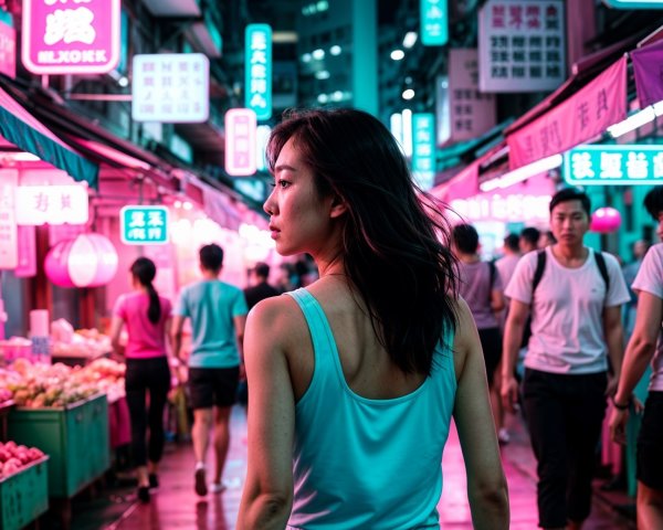 Young woman in vibrant street market with neon signs