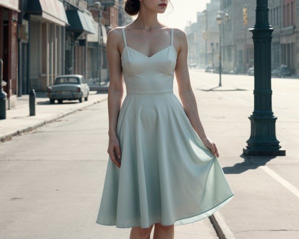 Young Woman in Vintage Street with Soft Glow