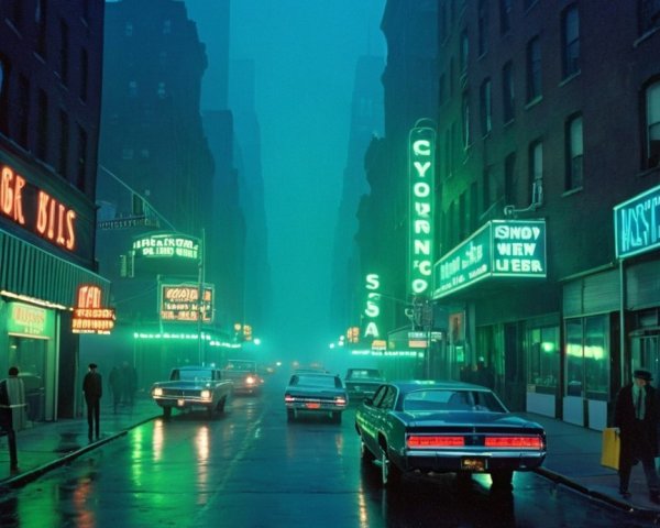 Misty Urban Night Scene with Neon Lights and Classic Cars