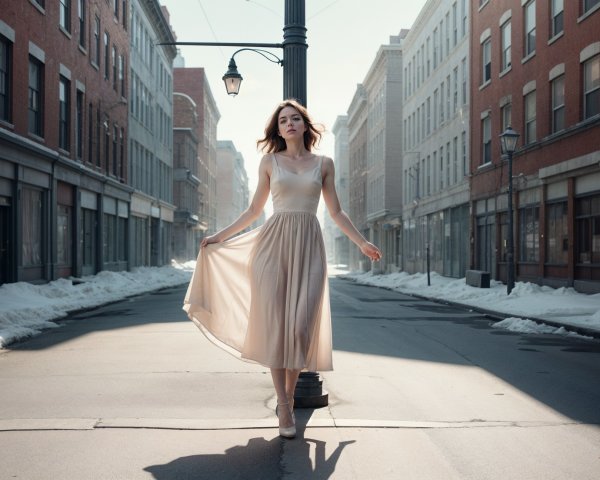 Stylish Woman in Beige Dress on Winter Urban Street