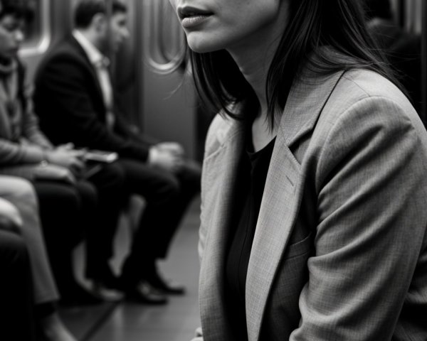 Young Woman in Blazer on Subway in Black and White