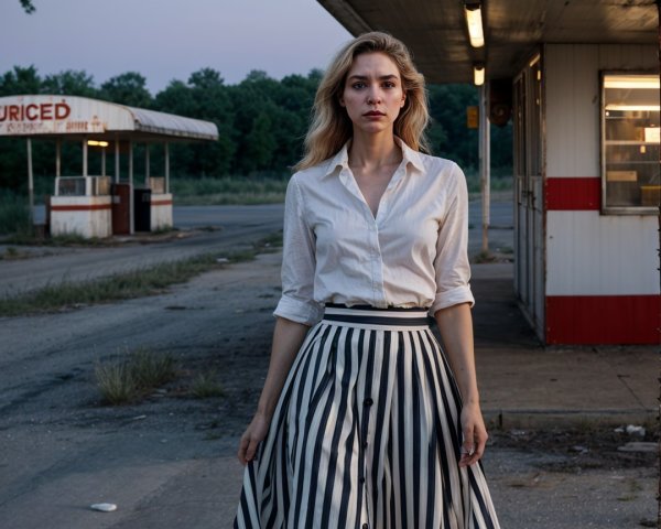 Woman in White Blouse at Vintage Gas Station Scene