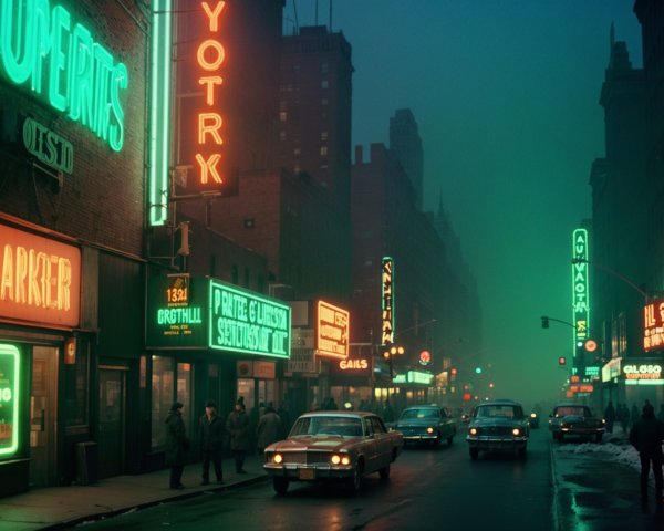 Foggy Night City Street with Neon Signs and Classic Cars