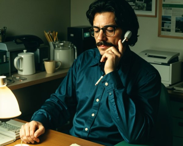 Man at desk in blue shirt with phone and notepad