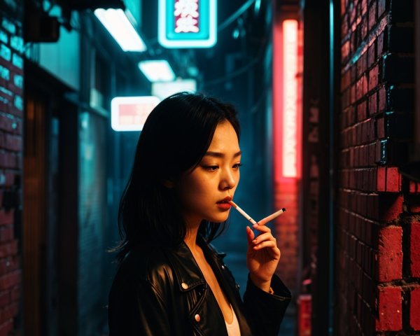 Mysterious Woman in Neon-Lit Urban Alley