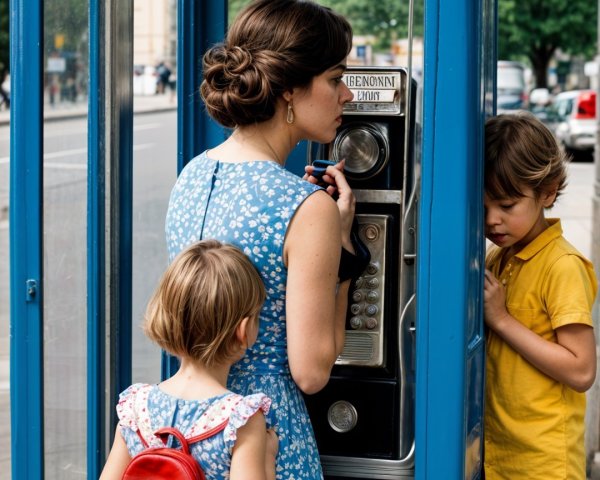 Woman in Floral Dress Inside Vintage Phone Booth