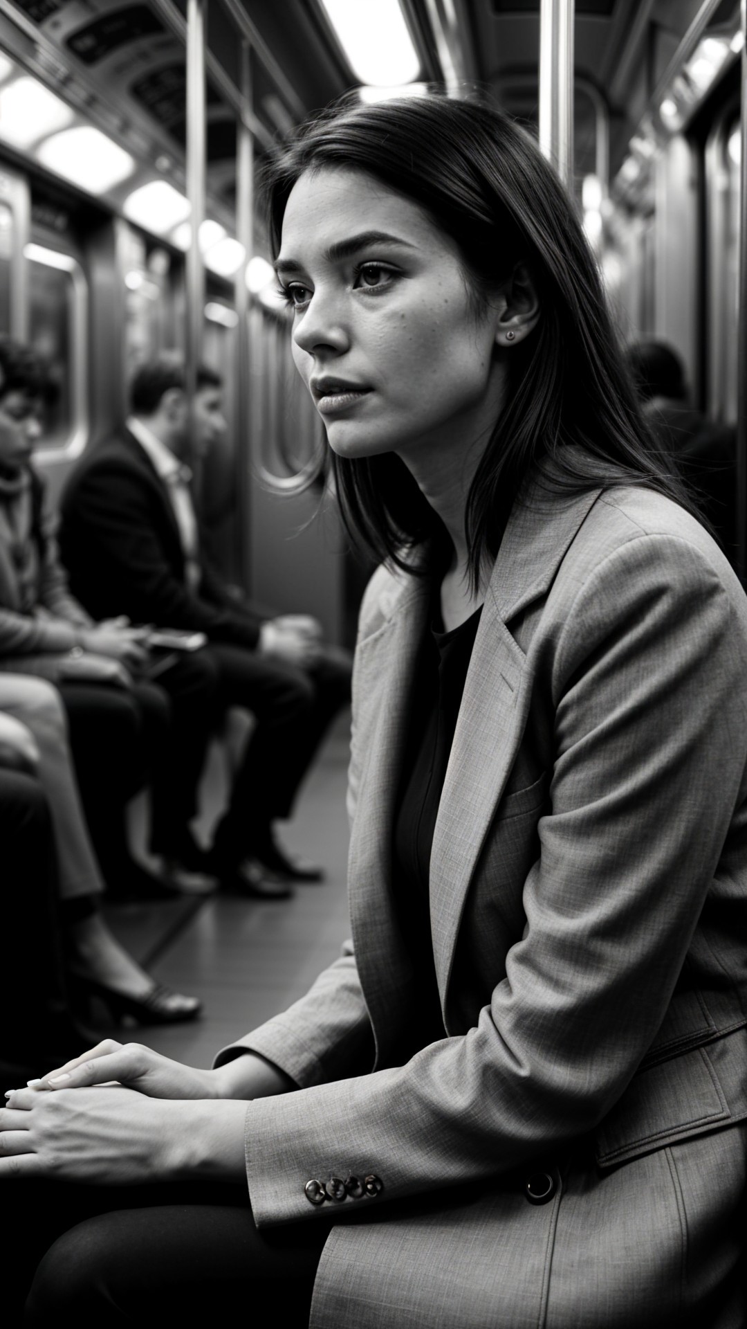Young Woman in Blazer on Subway in Black and White