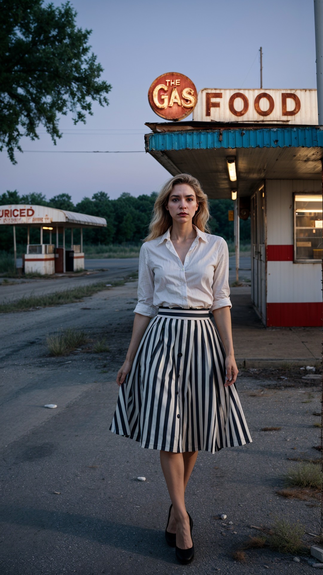 Woman in White Blouse at Vintage Gas Station Scene