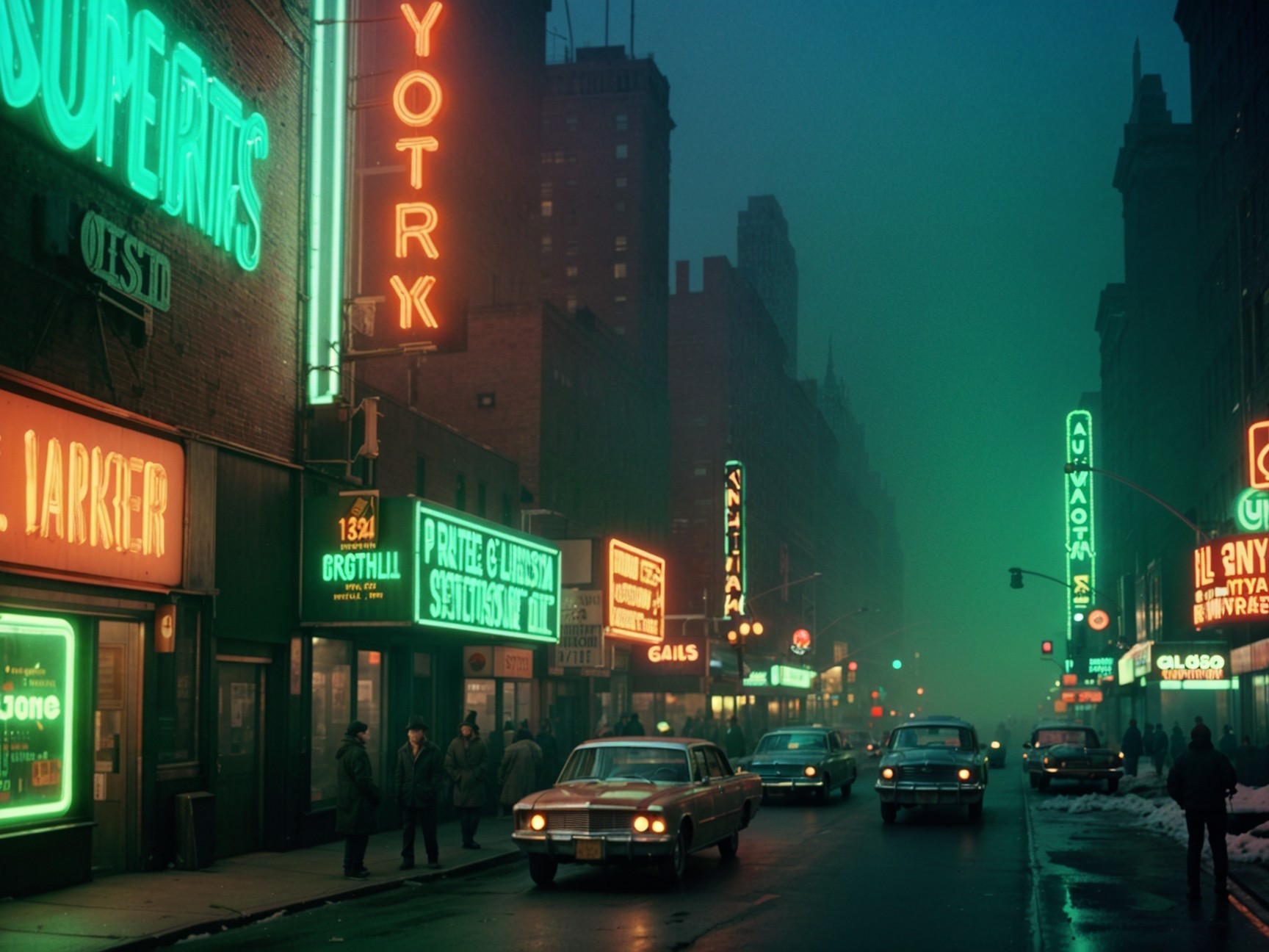 Foggy Night City Street with Neon Signs and Classic Cars