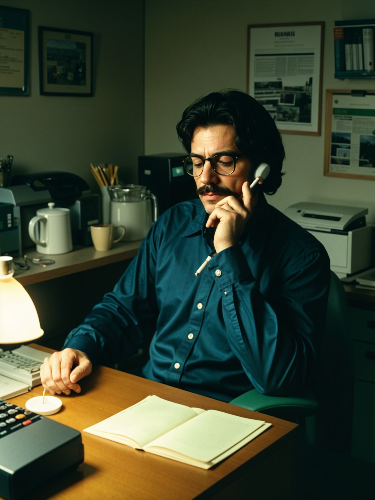 Man at desk in blue shirt with phone and notepad