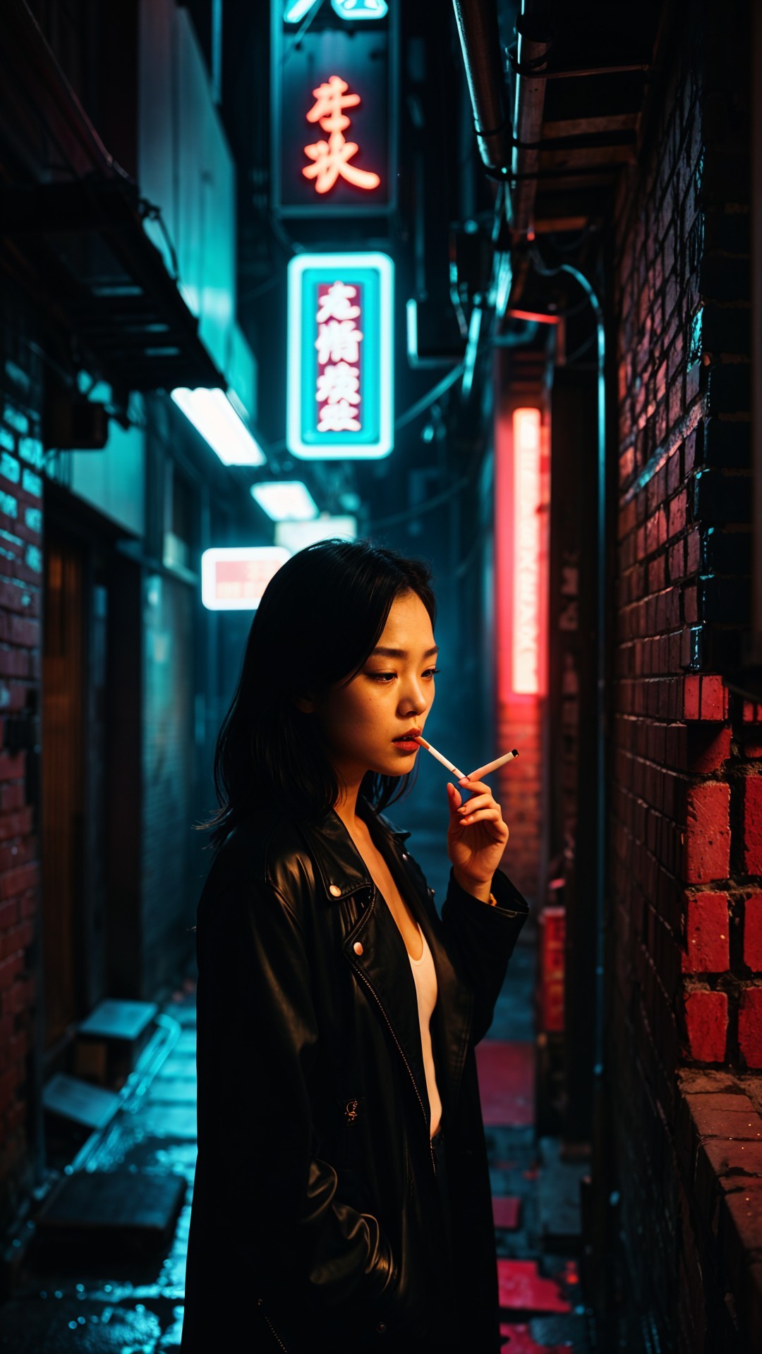 Mysterious Woman in Neon-Lit Urban Alley