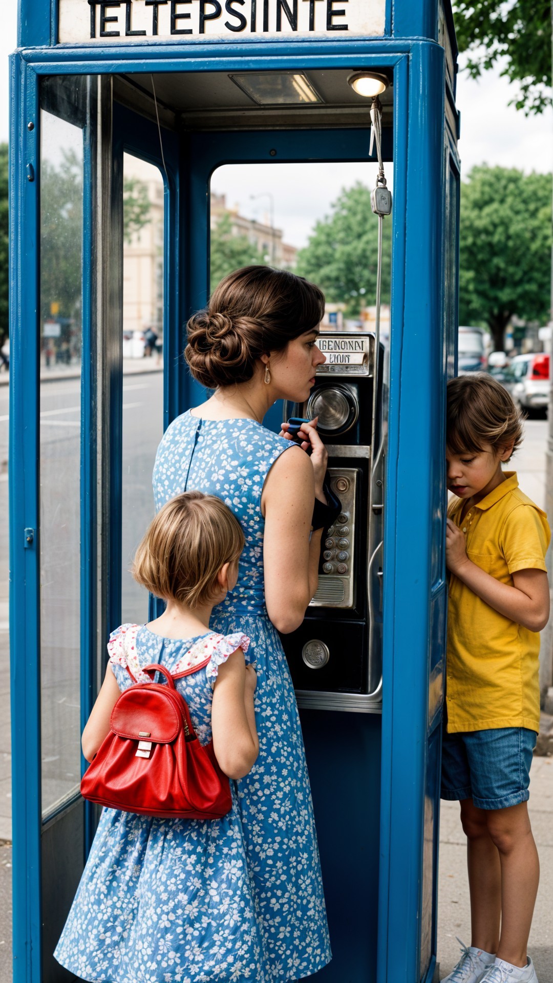 Woman in Floral Dress Inside Vintage Phone Booth