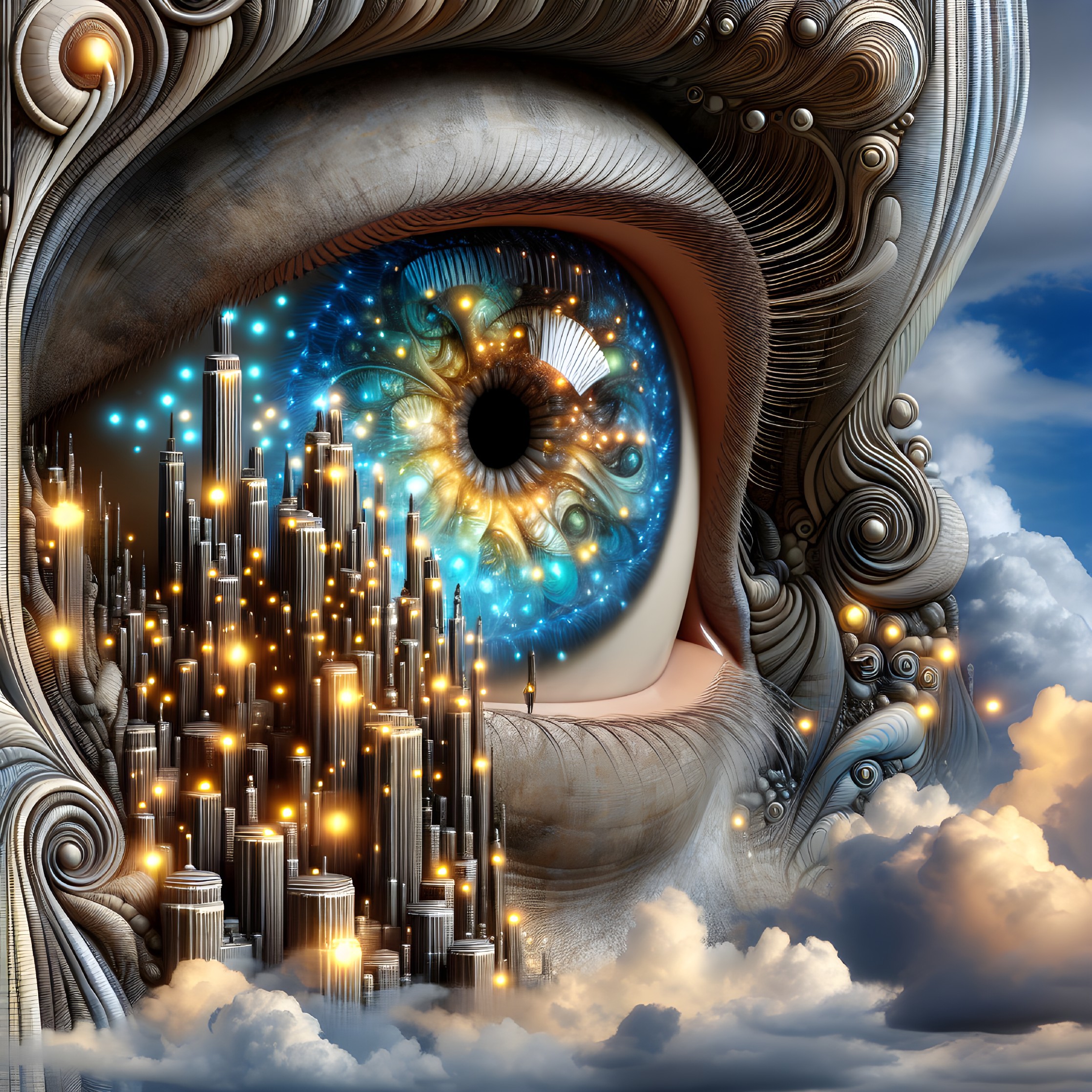 Giant Eye with Cityscape and Surreal Patterns