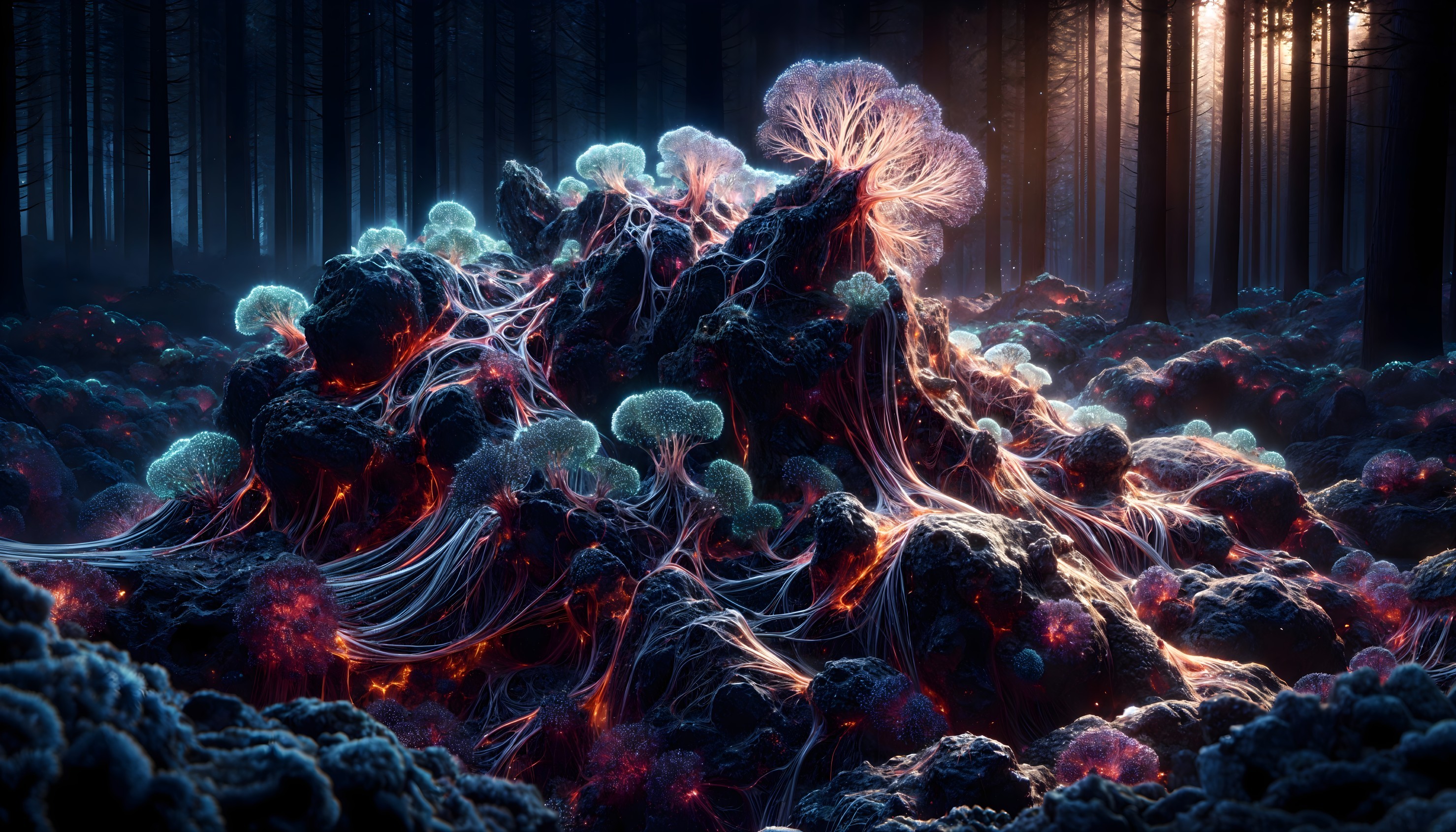 Bioluminescent Fungi in a Mystical Forest Landscape