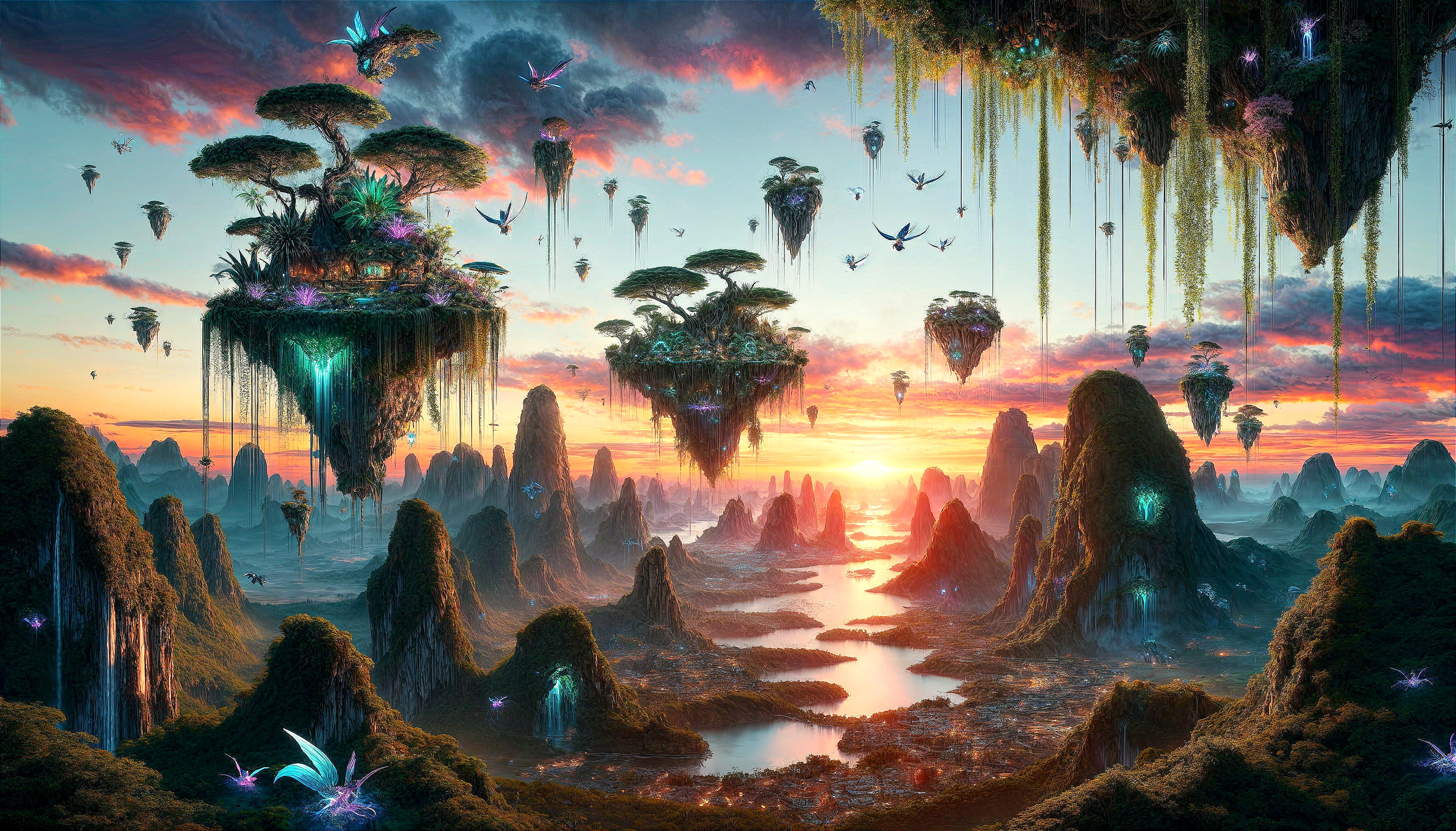 Floating Islands and Lush Landscape at Sunset