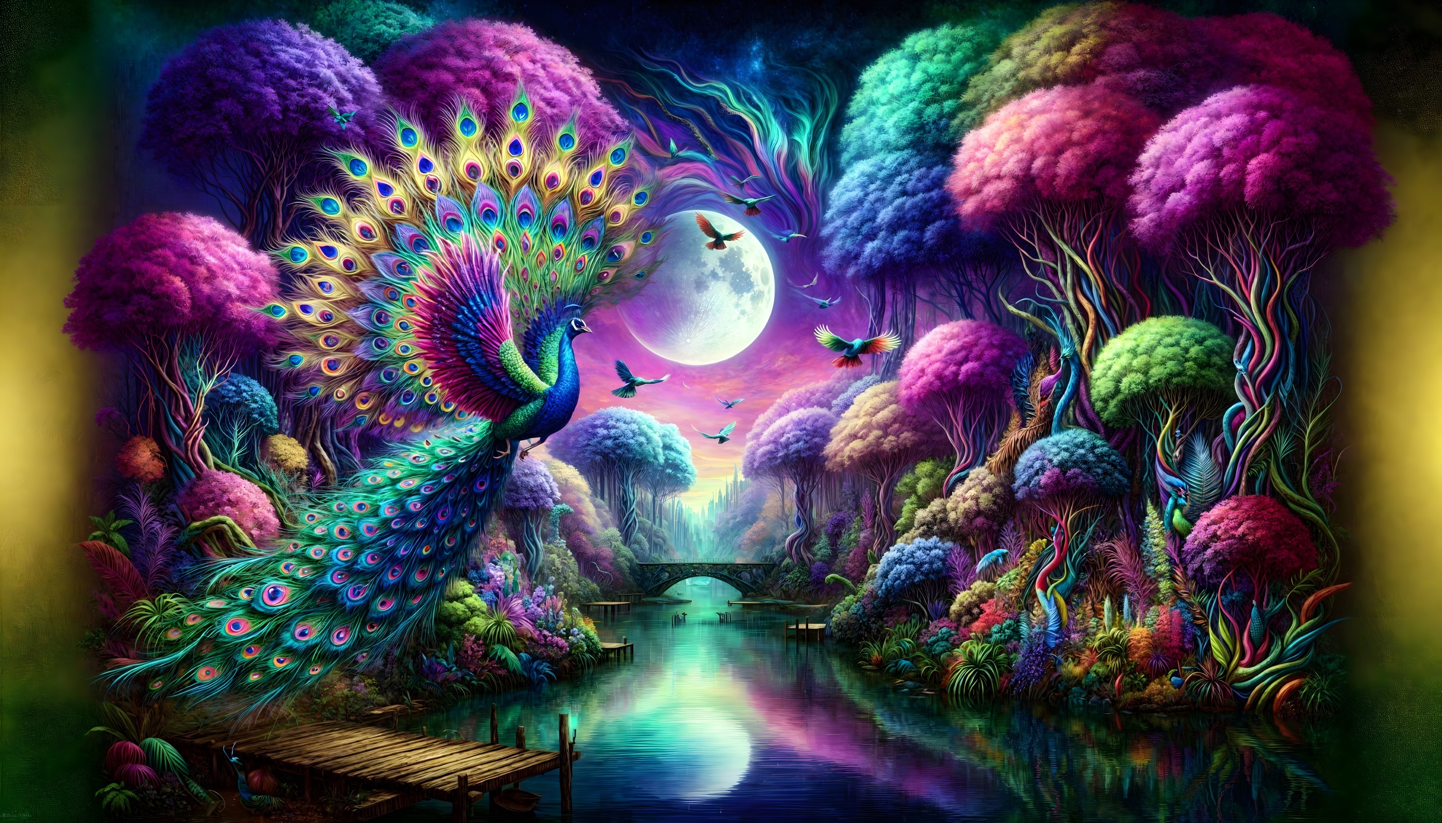 Surreal Landscape with Peacock and Neon Trees