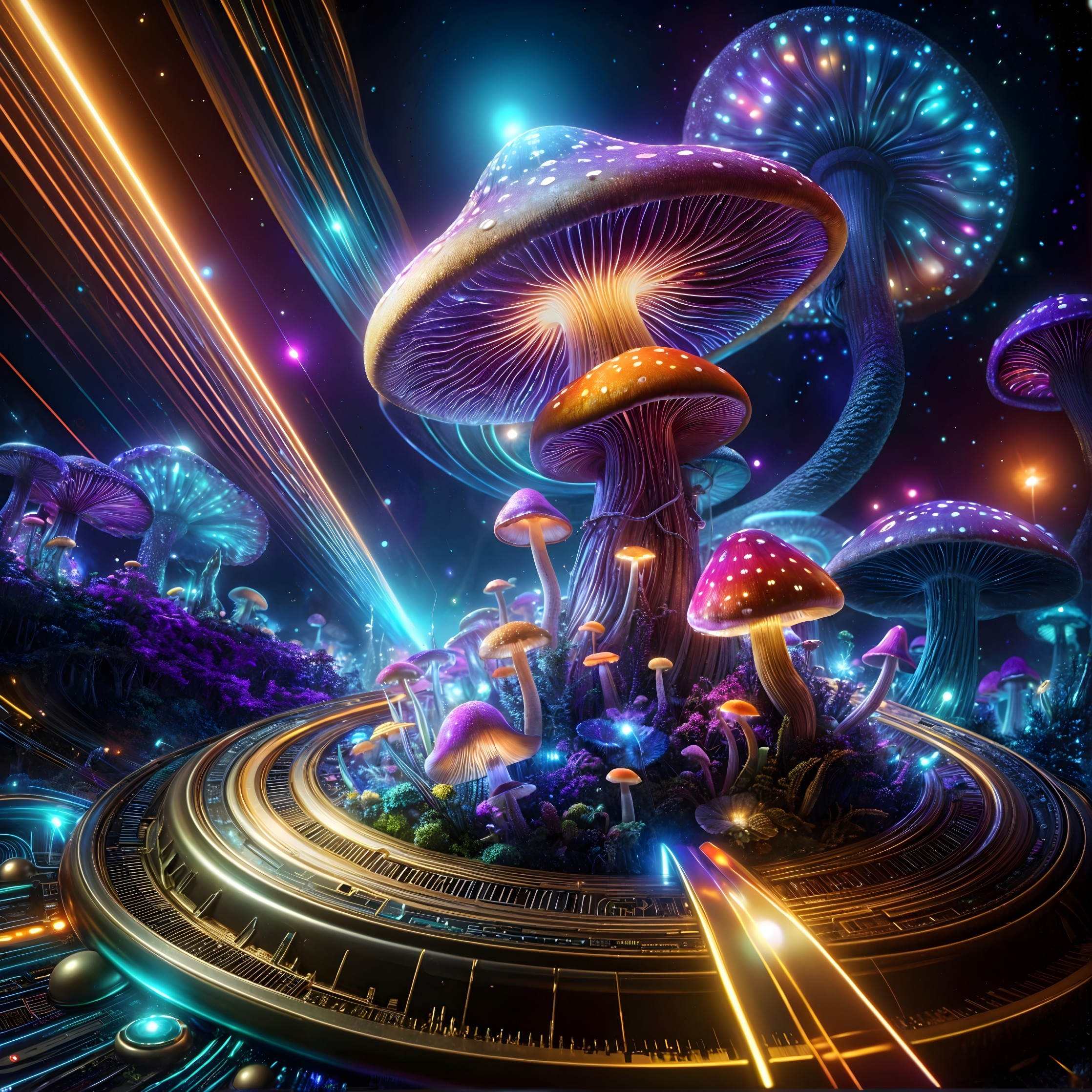 Surreal Landscape with Colorful Glowing Mushrooms